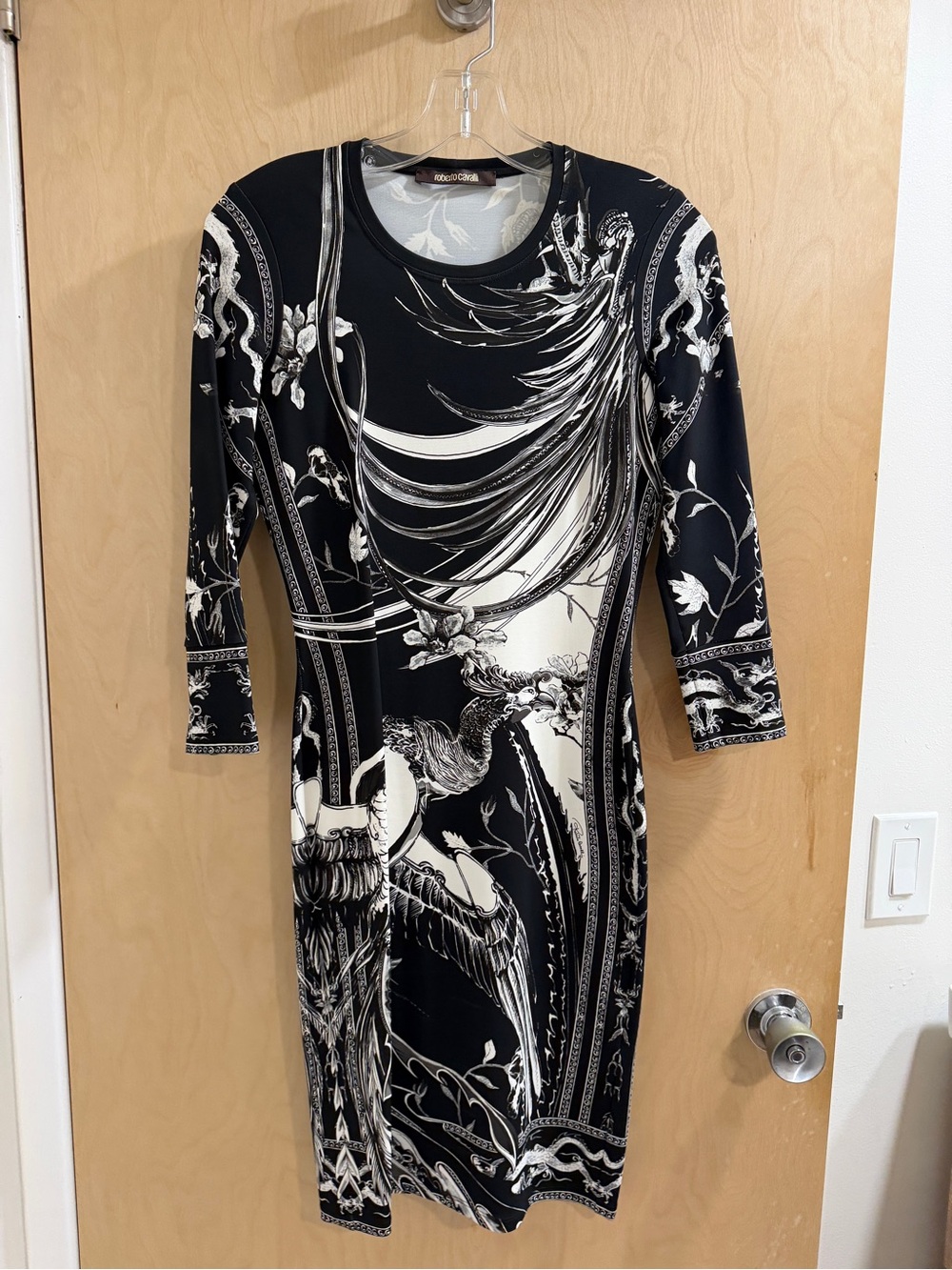Roberto Cavalli Black and White Printed Long Sleeve Sheath Dress